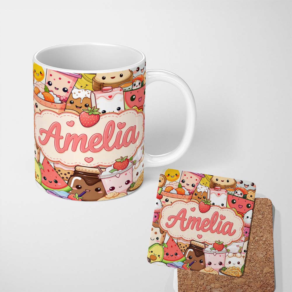 Personalized Custom Name Cute Kawaii Food Characters Sushi Drinks Desserts Cream Seamless 11oz Ceramic Coffee Tea Mug White Large Handle
