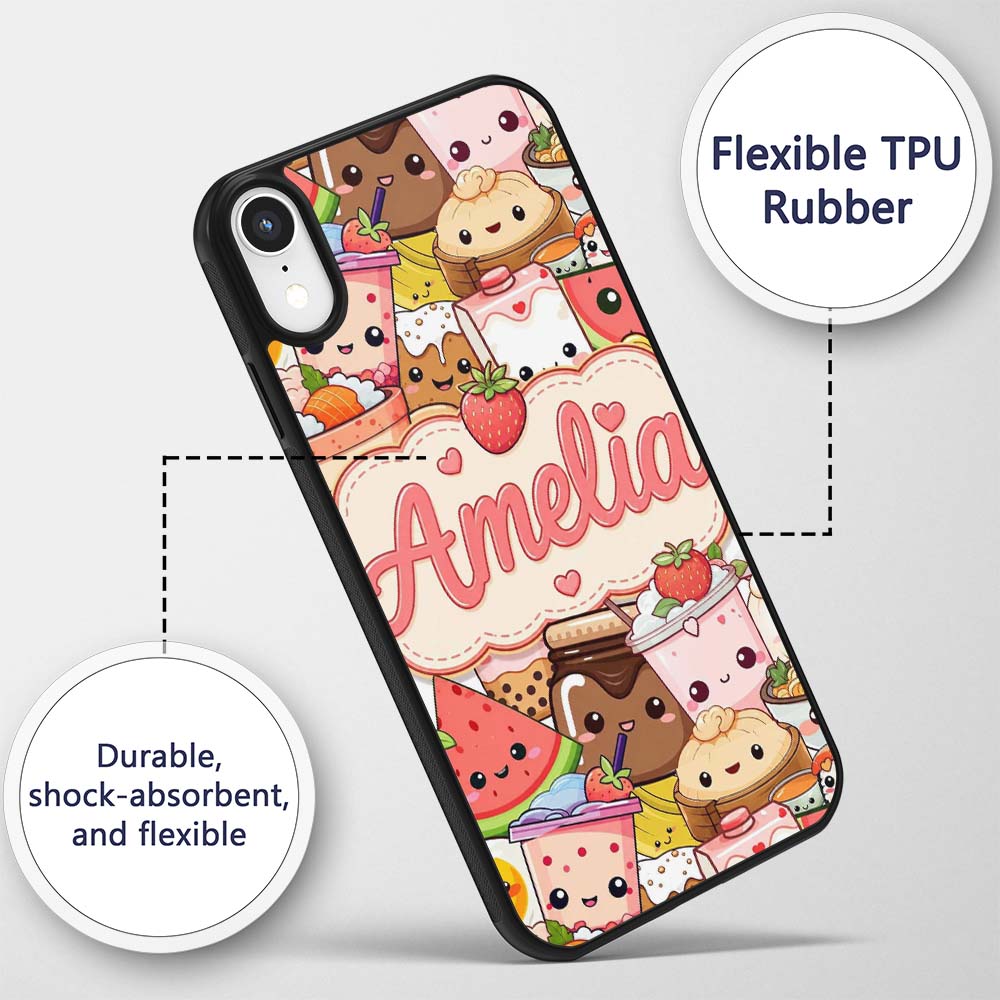 Cute Kawaii Food Characters Sushi Drinks Desserts Custom Name Protective Phone Case Mobile Cover Durable Everyday Smartphone Shock Resistant