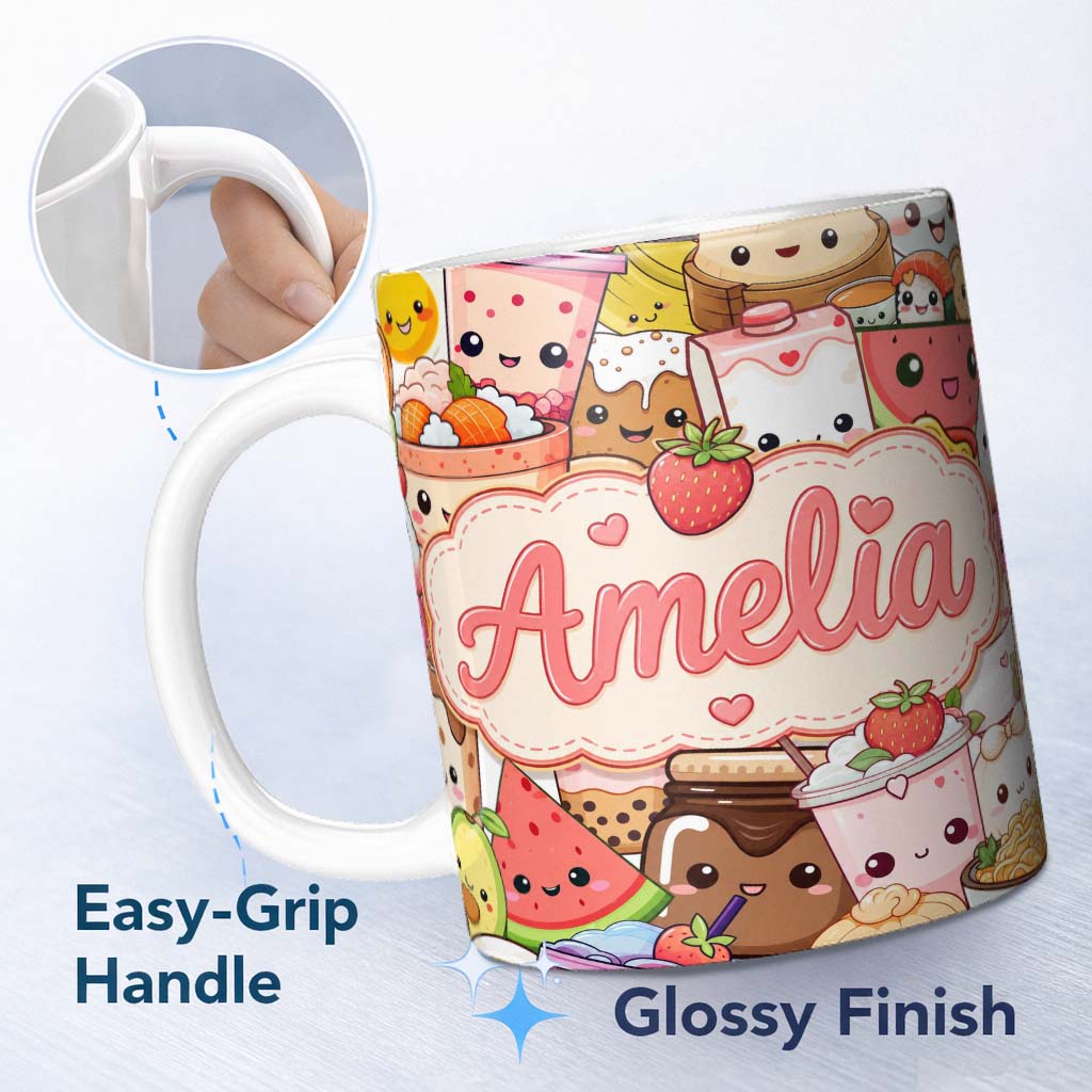 Personalized Custom Name Cute Kawaii Food Characters Sushi Drinks Desserts Cream Seamless 11oz Ceramic Coffee Tea Mug White Large Handle