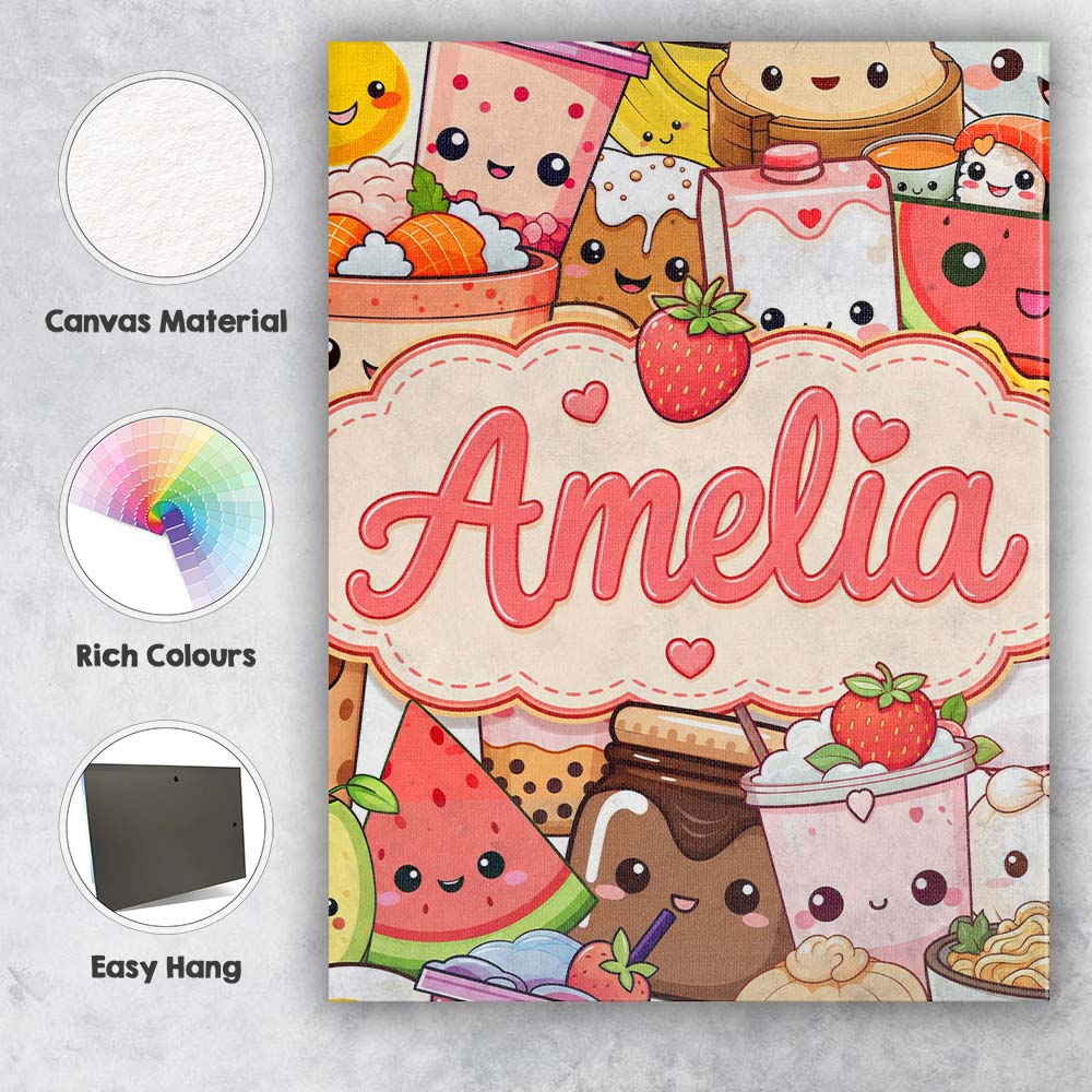 Personalised Name Cute Kawaii Food Characters Custom Unique Gift Idea Modern Room Accent Canvas Wall Art Print Decor Picture Ready to Hang