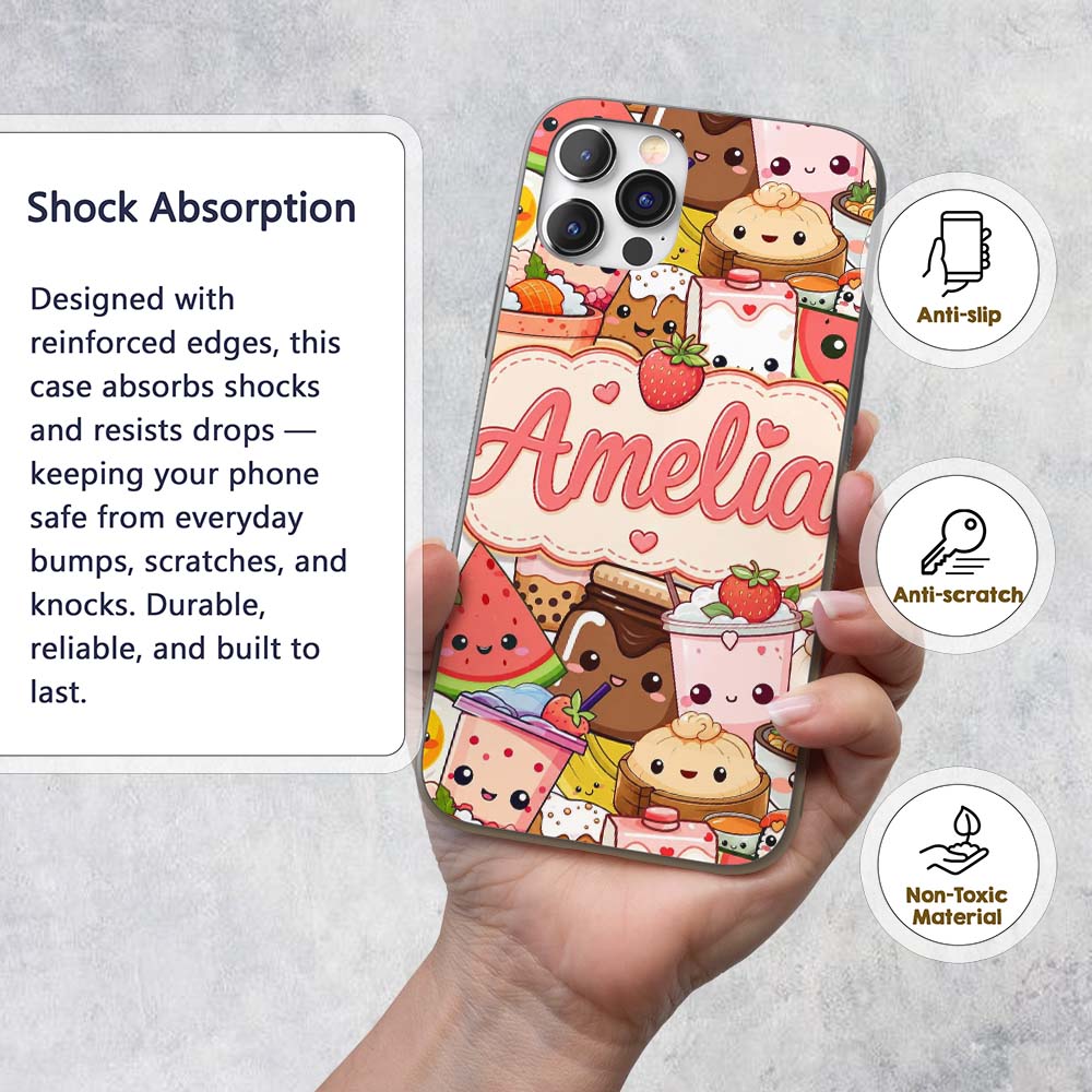 Cute Kawaii Food Characters Sushi Drinks Desserts Custom Name Protective Phone Case Mobile Cover Durable Everyday Smartphone Shock Resistant