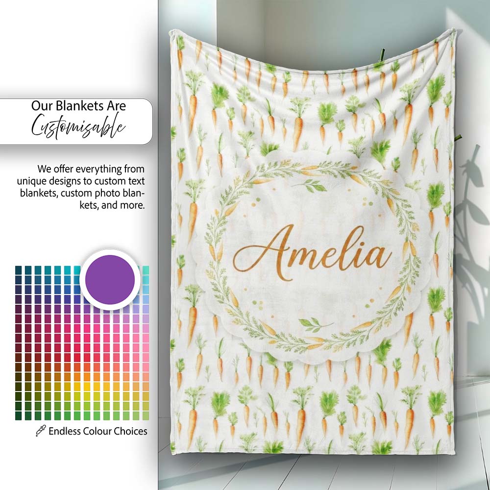 Clean White Background Carrot and Herb Botanical Seamless Pattern Personalised Custom Name Super Soft Fleece Blanket Bed Sofa Throw
