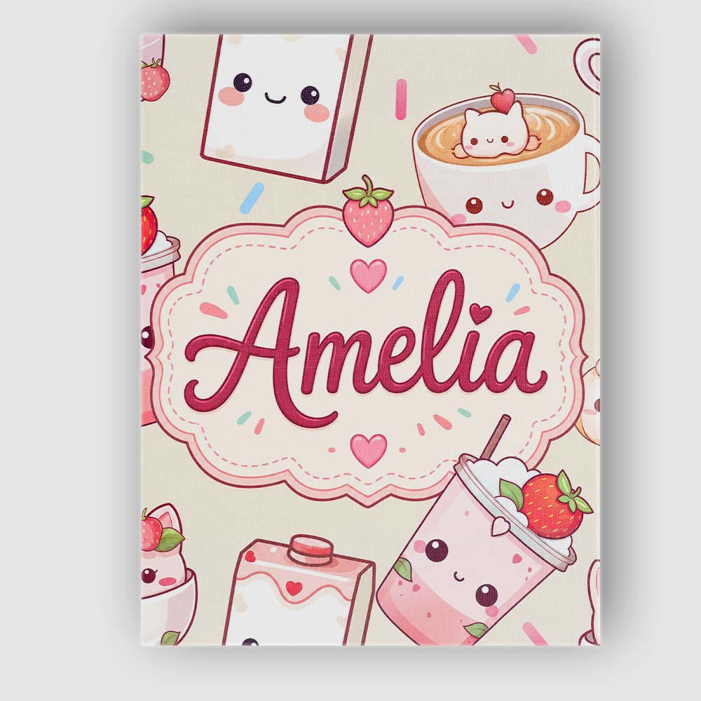 Personalised Name Cute Strawberry Cat Custom Modern Room Accent Creative Decorator Style Canvas Wall Art Print Decor Picture Ready to Hang