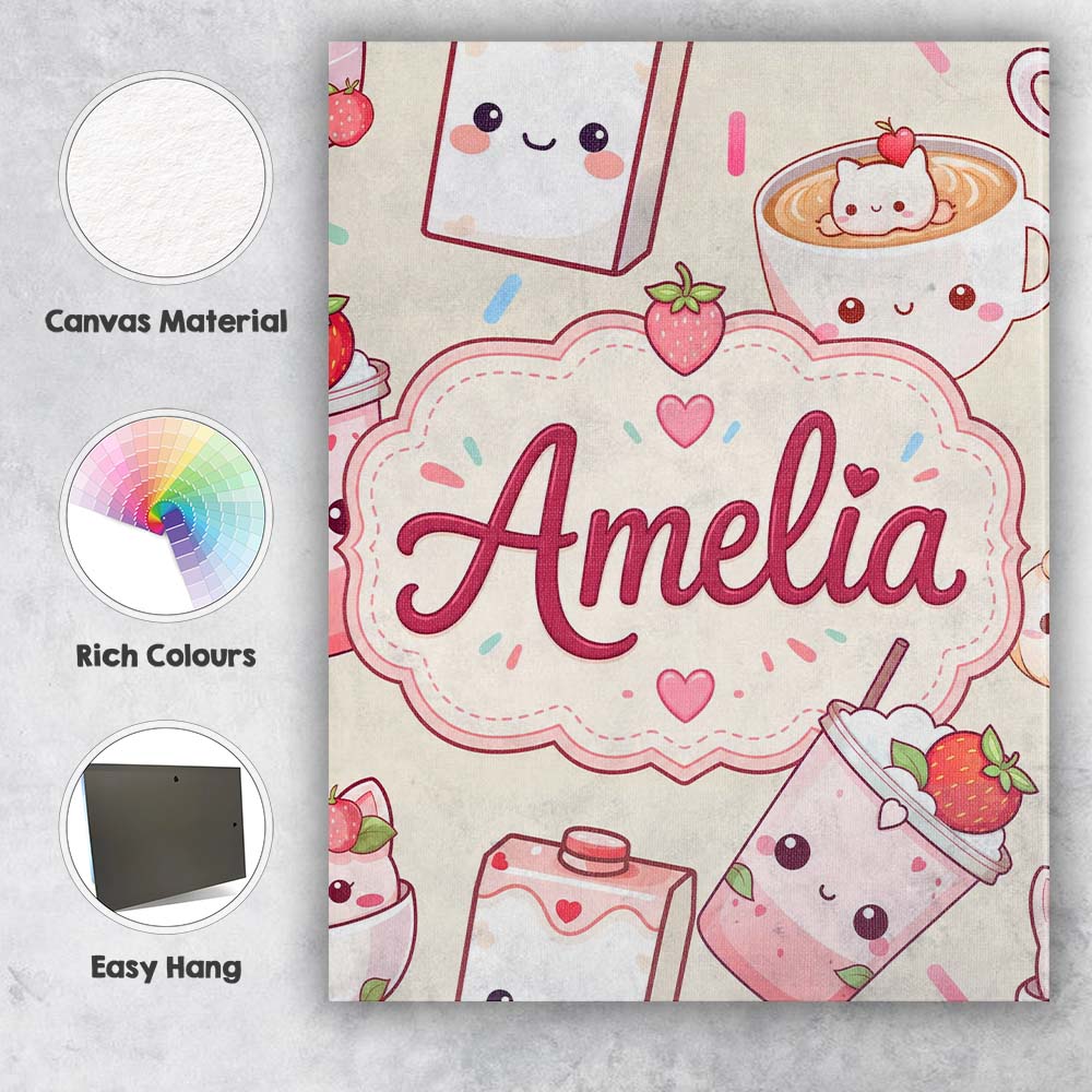 Personalised Name Cute Strawberry Cat Custom Modern Room Accent Creative Decorator Style Canvas Wall Art Print Decor Picture Ready to Hang