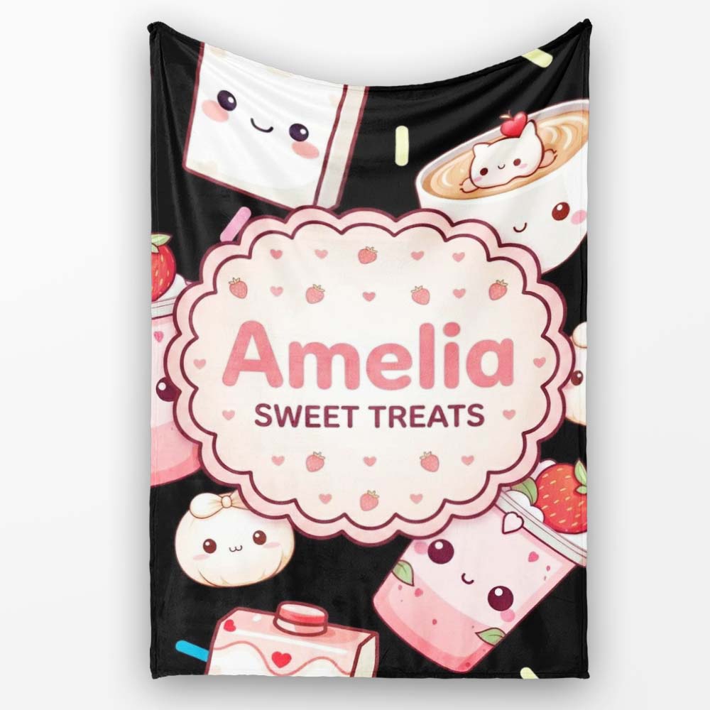 Cute Strawberry Cat Coffee Cups Kawaii Black Seamless Pattern Name Personalised Custom Name Super Soft Fleece Blanket Bed Sofa Throw