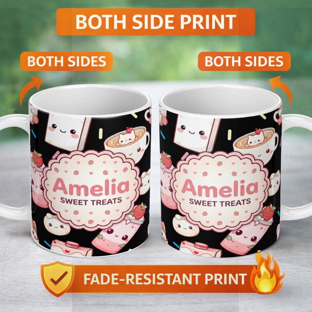 Personalized Custom Name Cute Strawberry Cat Coffee Cups Kawaii Black Seamless Pattern Name 11oz Ceramic Coffee Tea Mug White Large Handle
