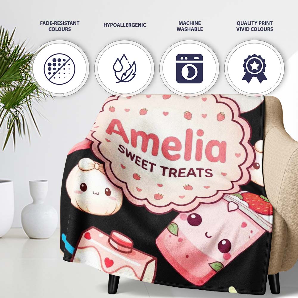 Cute Strawberry Cat Coffee Cups Kawaii Black Seamless Pattern Name Personalised Custom Name Super Soft Fleece Blanket Bed Sofa Throw