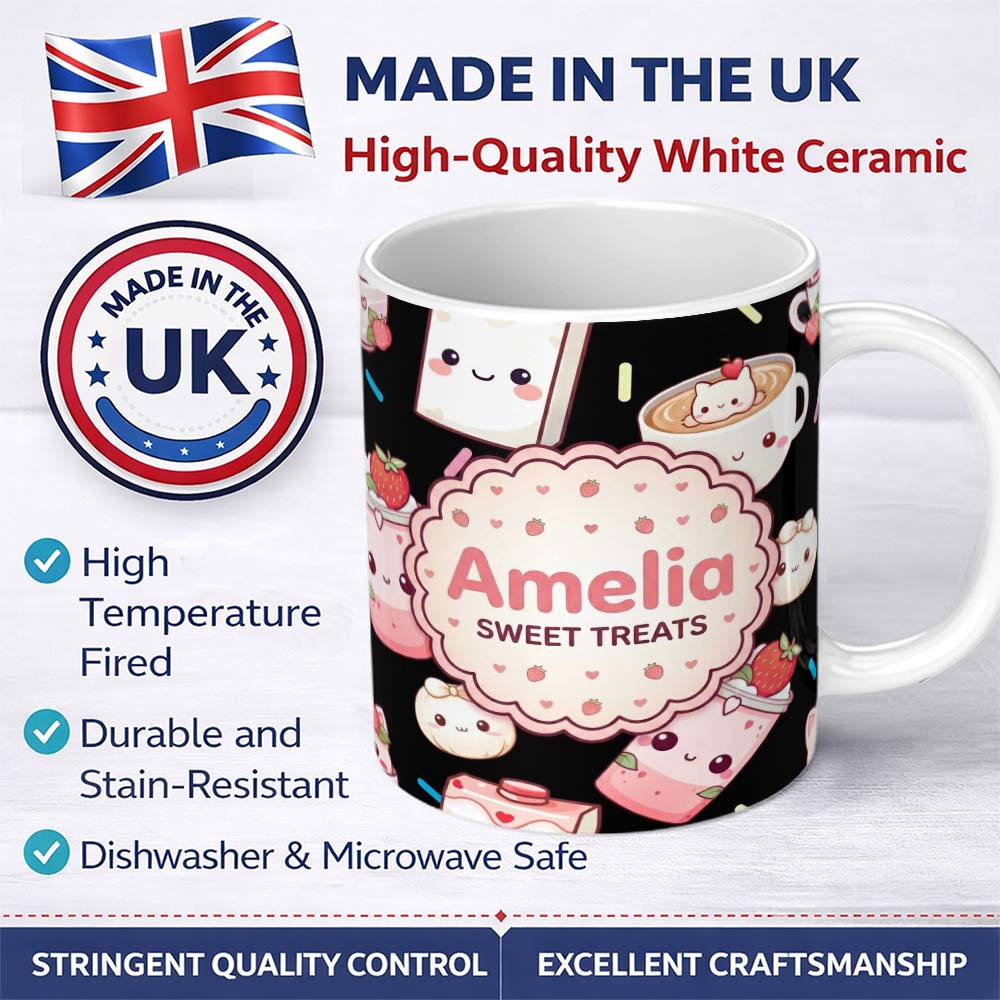 Personalized Custom Name Cute Strawberry Cat Coffee Cups Kawaii Black Seamless Pattern Name 11oz Ceramic Coffee Tea Mug White Large Handle