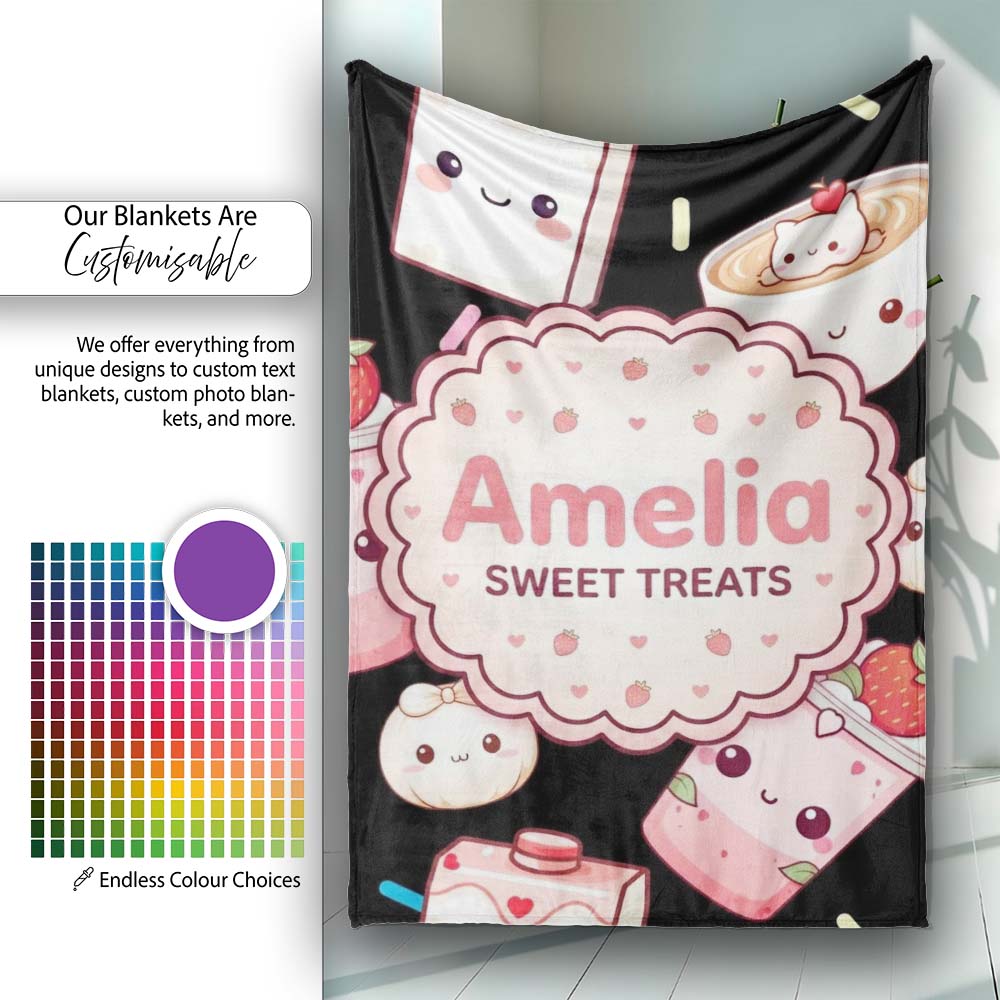 Cute Strawberry Cat Coffee Cups Kawaii Black Seamless Pattern Name Personalised Custom Name Super Soft Fleece Blanket Bed Sofa Throw