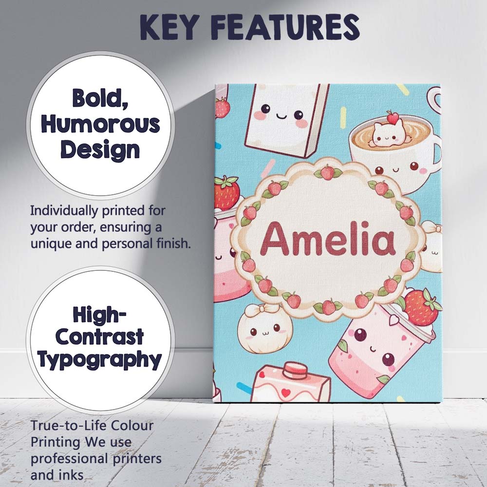 Personalised Name Cute Strawberry Cat Custom Modern Room Accent Creative Decorator Style Canvas Wall Art Print Decor Picture Ready to Hang