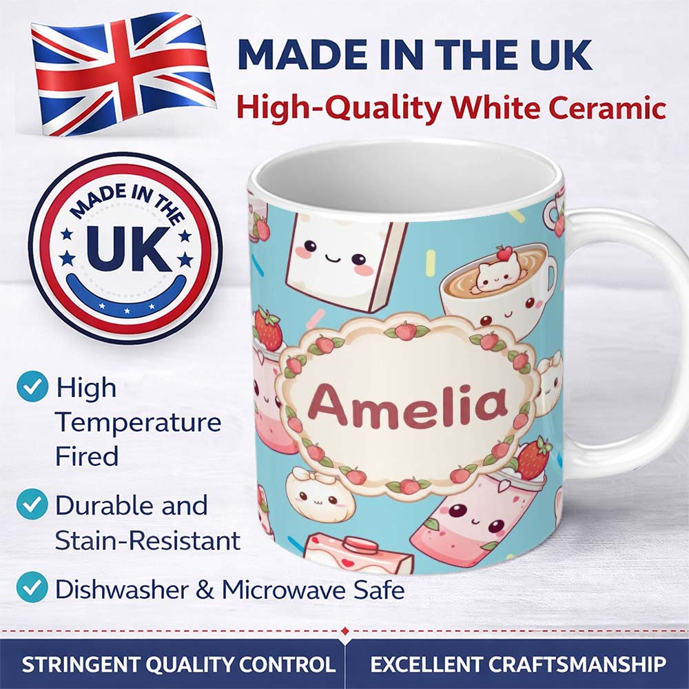 Personalized Custom Name Cute Strawberry Cat Coffee Cups Blue Kawaii Seamless Pattern Name 11oz Ceramic Coffee Tea Mug White Large Handle