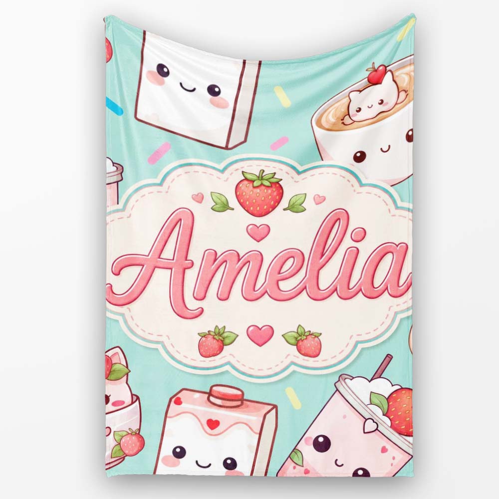 Cute Strawberry Cat Coffee Cups Mint Kawaii Seamless Pattern Name Personalised Custom Name Super Soft Fleece Blanket Bed Sofa Throw