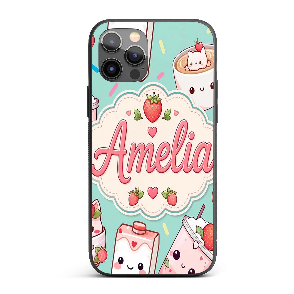Cute Strawberry Cat Coffee Cups Printed Design Custom Name Protective Phone Case Mobile Cover Durable Everyday Smartphone Shock Resistant