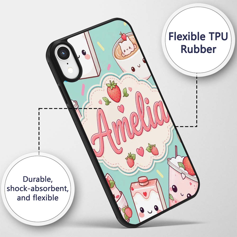 Cute Strawberry Cat Coffee Cups Printed Design Custom Name Protective Phone Case Mobile Cover Durable Everyday Smartphone Shock Resistant