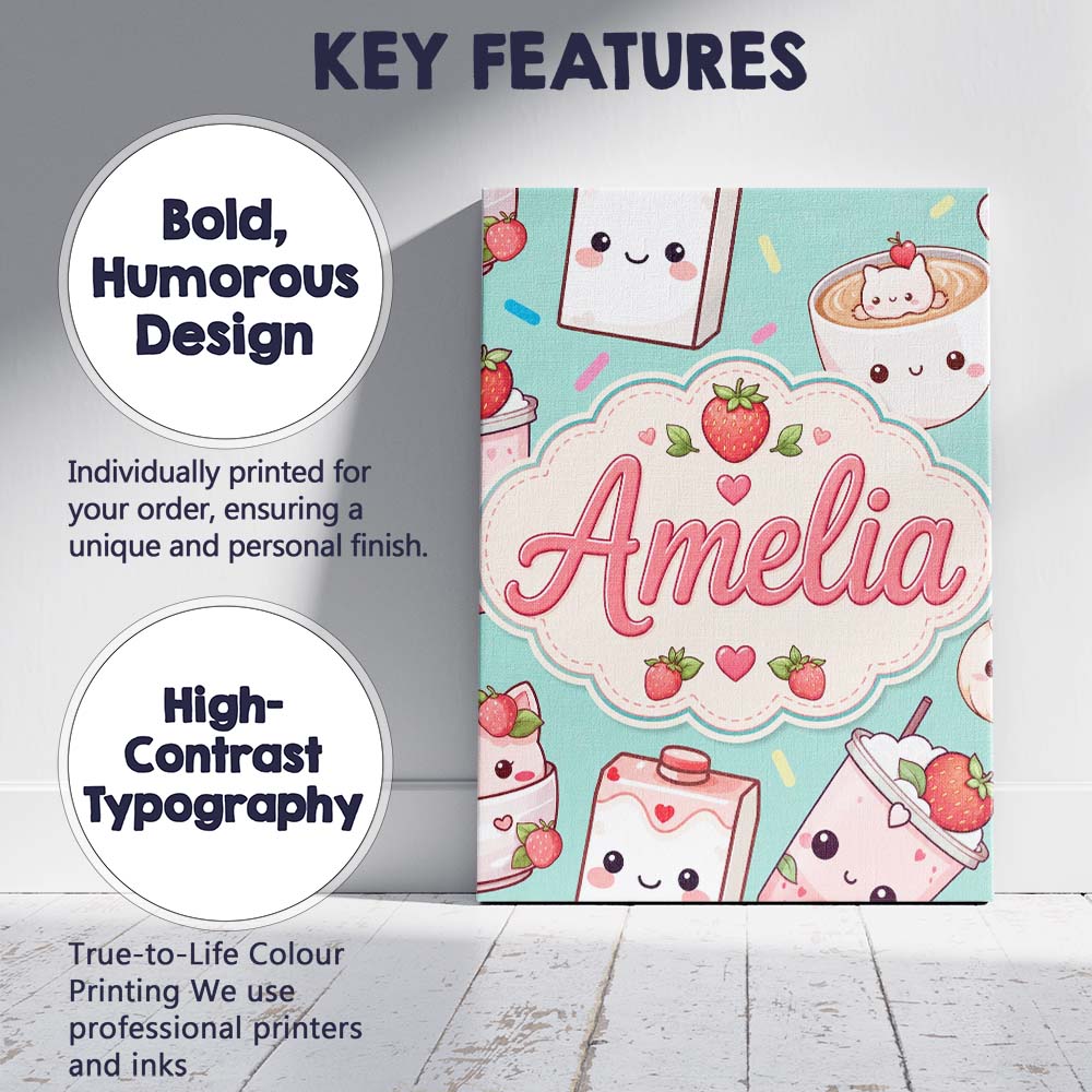 Personalised Name Cute Strawberry Cat Custom Modern Room Accent Creative Decorator Style Canvas Wall Art Print Decor Picture Ready to Hang