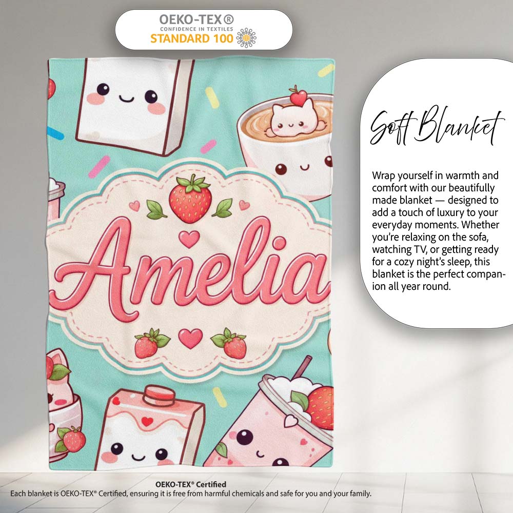 Cute Strawberry Cat Coffee Cups Mint Kawaii Seamless Pattern Name Personalised Custom Name Super Soft Fleece Blanket Bed Sofa Throw