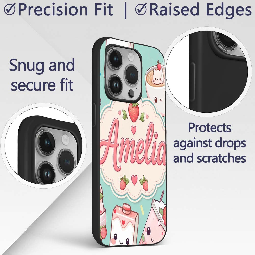 Cute Strawberry Cat Coffee Cups Printed Design Custom Name Protective Phone Case Mobile Cover Durable Everyday Smartphone Shock Resistant