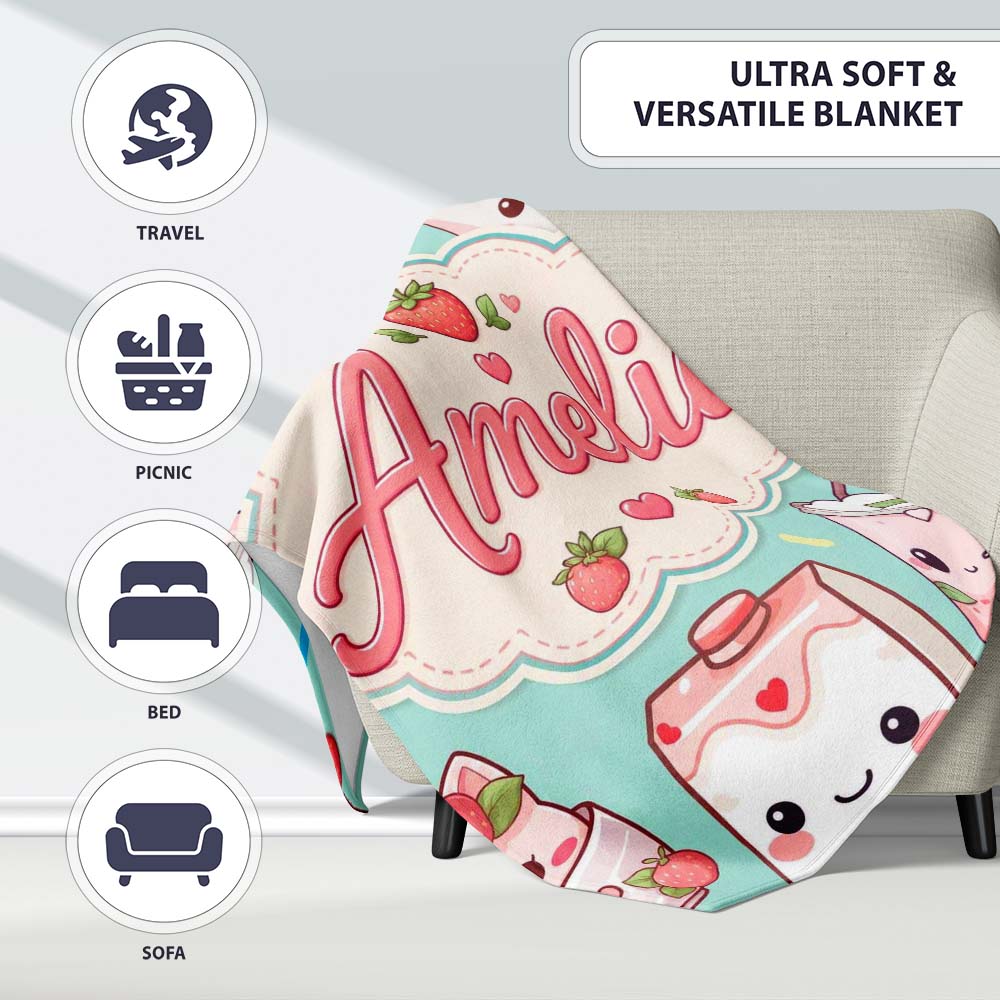 Cute Strawberry Cat Coffee Cups Mint Kawaii Seamless Pattern Name Personalised Custom Name Super Soft Fleece Blanket Bed Sofa Throw