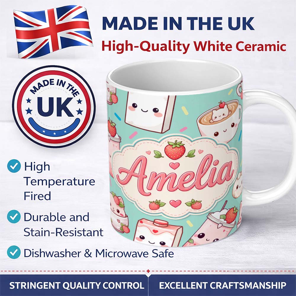 Personalized Custom Name Cute Strawberry Cat Coffee Cups Mint Kawaii Seamless Pattern Name 11oz Ceramic Coffee Tea Mug White Large Handle