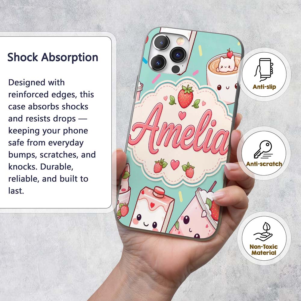 Cute Strawberry Cat Coffee Cups Printed Design Custom Name Protective Phone Case Mobile Cover Durable Everyday Smartphone Shock Resistant