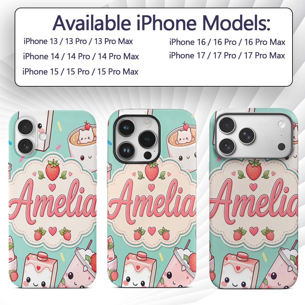 Cute Strawberry Cat Coffee Cups Printed Design Custom Name Protective Phone Case Mobile Cover Durable Everyday Smartphone Shock Resistant