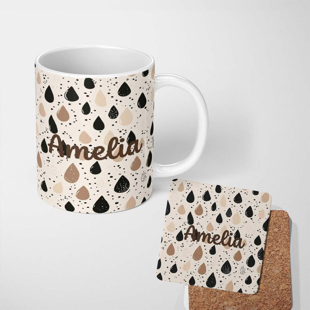 Personalized Custom Name Scattered Paint Droplets Black Beige Abstract Spot Pattern Lovely 11oz Ceramic Coffee Tea Mug White Large Handle