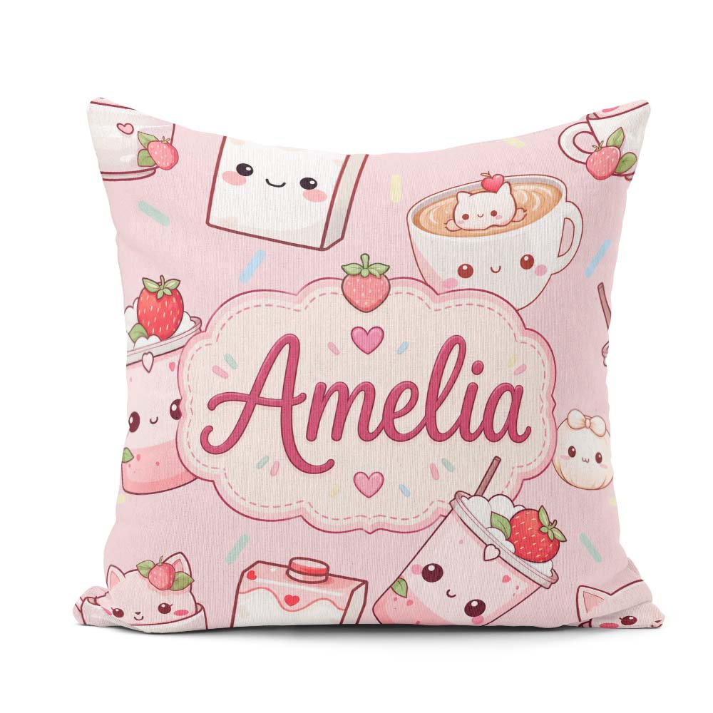 Custom Name Cute Strawberry Cat Cups Soft Pink Seamless Pattern Square Filled Cushion Throw Pillow Sofa Bed Home Decor Zip Washable UK Made