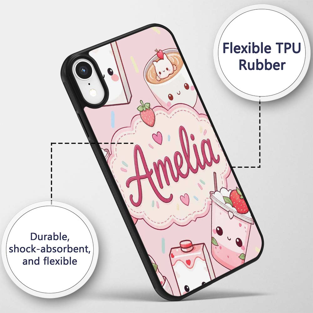 Cute Strawberry Cat Coffee Cups Soft Pink Kawaii Custom Name Protective Phone Case Mobile Cover Durable Everyday Smartphone Shock Resistant