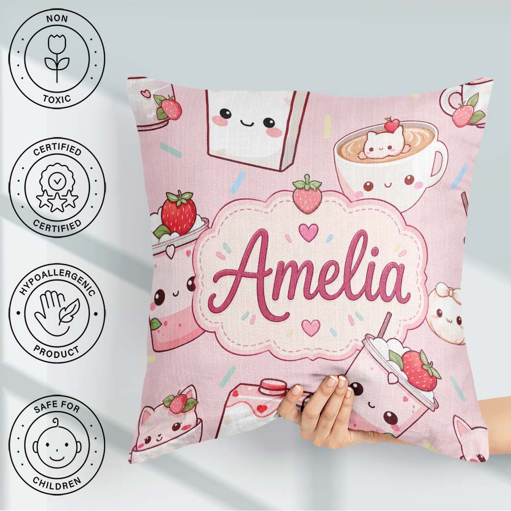 Custom Name Cute Strawberry Cat Cups Soft Pink Seamless Pattern Square Filled Cushion Throw Pillow Sofa Bed Home Decor Zip Washable UK Made