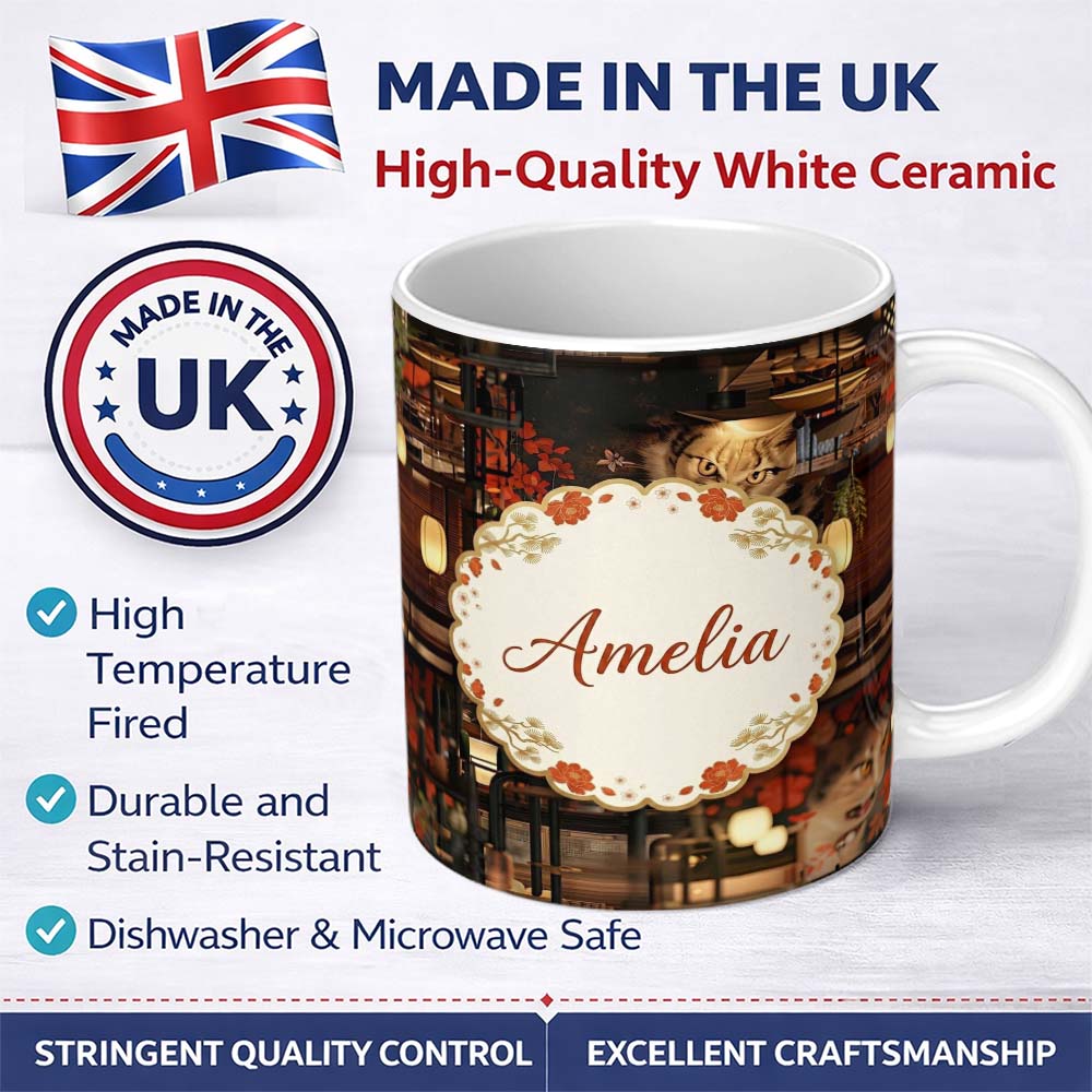 Personalized Custom Name Artistic Cat with Red Flowers in Japanese Style Interior Decorative 11oz Ceramic Coffee Tea Mug White Large Handle