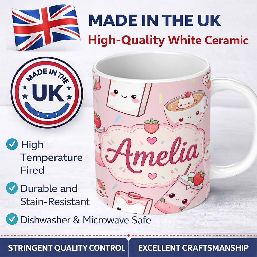 Personalized Custom Name Cute Strawberry Cat Coffee Cups Soft Pink Kawaii Seamless Pattern 11oz Ceramic Coffee Tea Mug White Large Handle