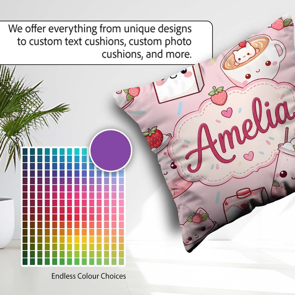 Custom Name Cute Strawberry Cat Cups Soft Pink Seamless Pattern Square Filled Cushion Throw Pillow Sofa Bed Home Decor Zip Washable UK Made
