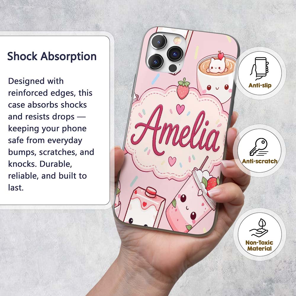 Cute Strawberry Cat Coffee Cups Soft Pink Kawaii Custom Name Protective Phone Case Mobile Cover Durable Everyday Smartphone Shock Resistant