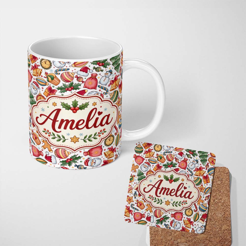 Personalized Custom Name Cute Christmas Santa Gifts Snowman Candy Seamless Pattern Lovely 11oz Ceramic Coffee Tea Mug White Large Handle