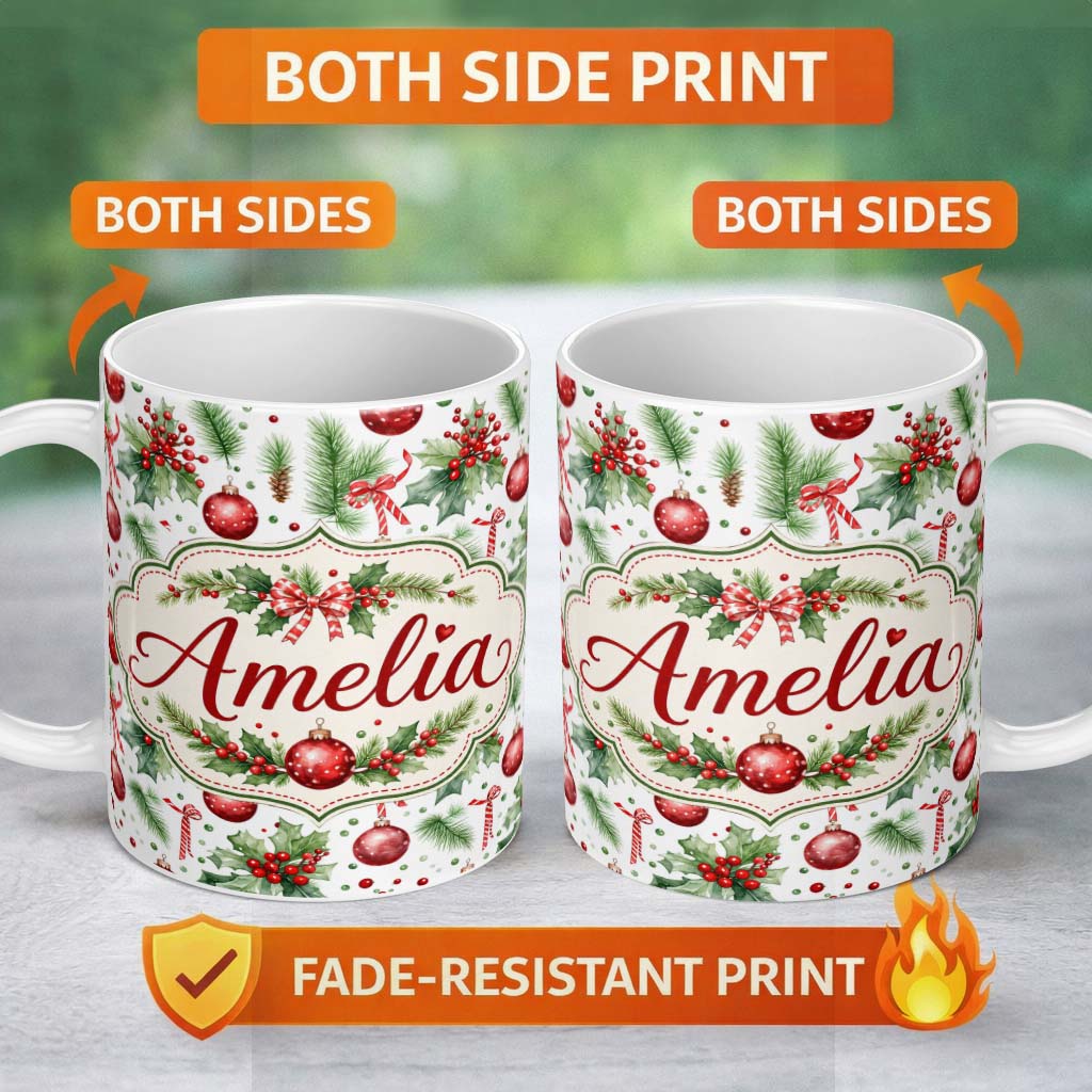 Personalized Custom Name Watercolor Christmas Baubles Holly Pine Branches Seamless Pattern 11oz Ceramic Coffee Tea Mug White Large Handle