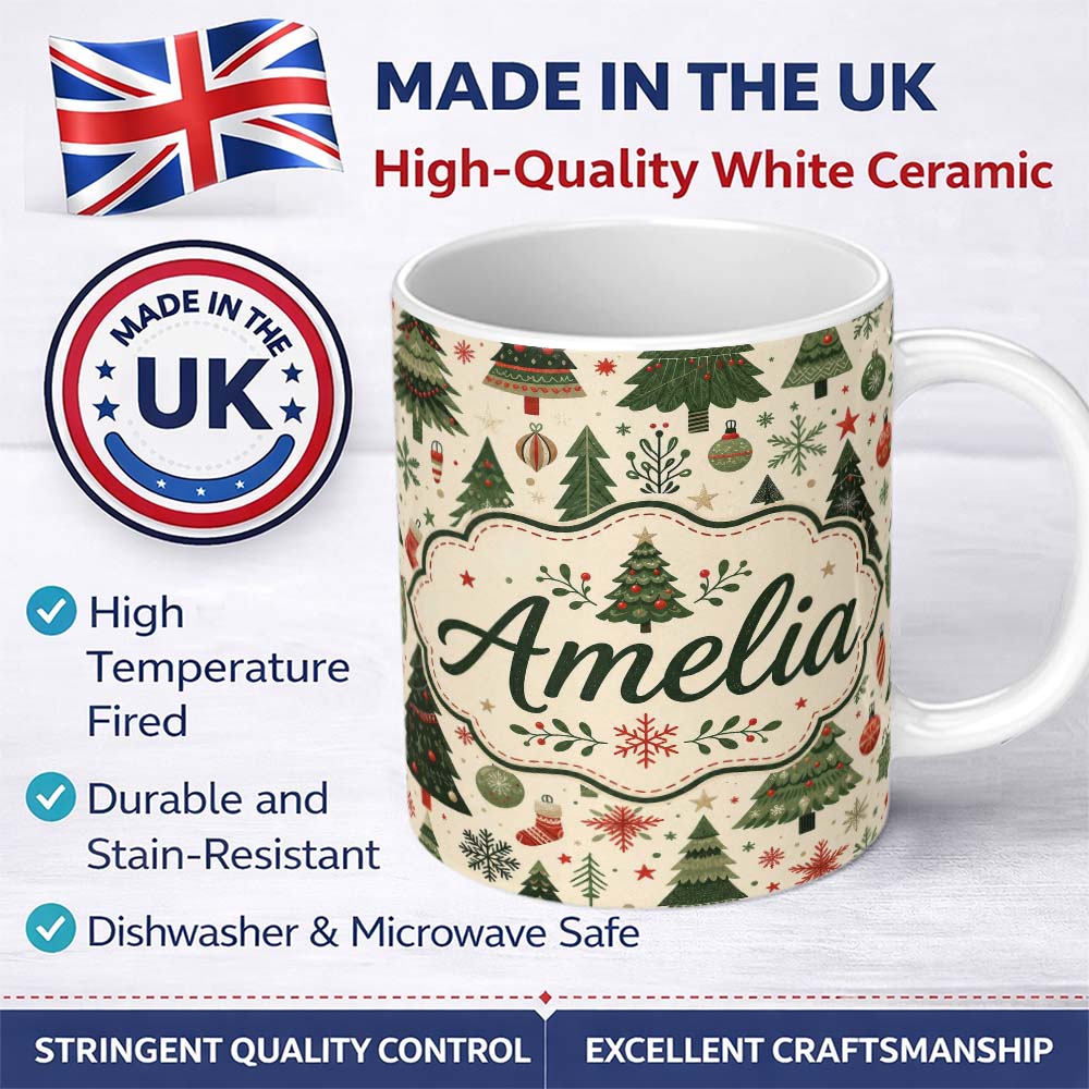 Personalized Custom Name Classic Christmas Trees Ornaments Gifts Snowflakes Festive Seamless 11oz Ceramic Coffee Tea Mug White Large Handle