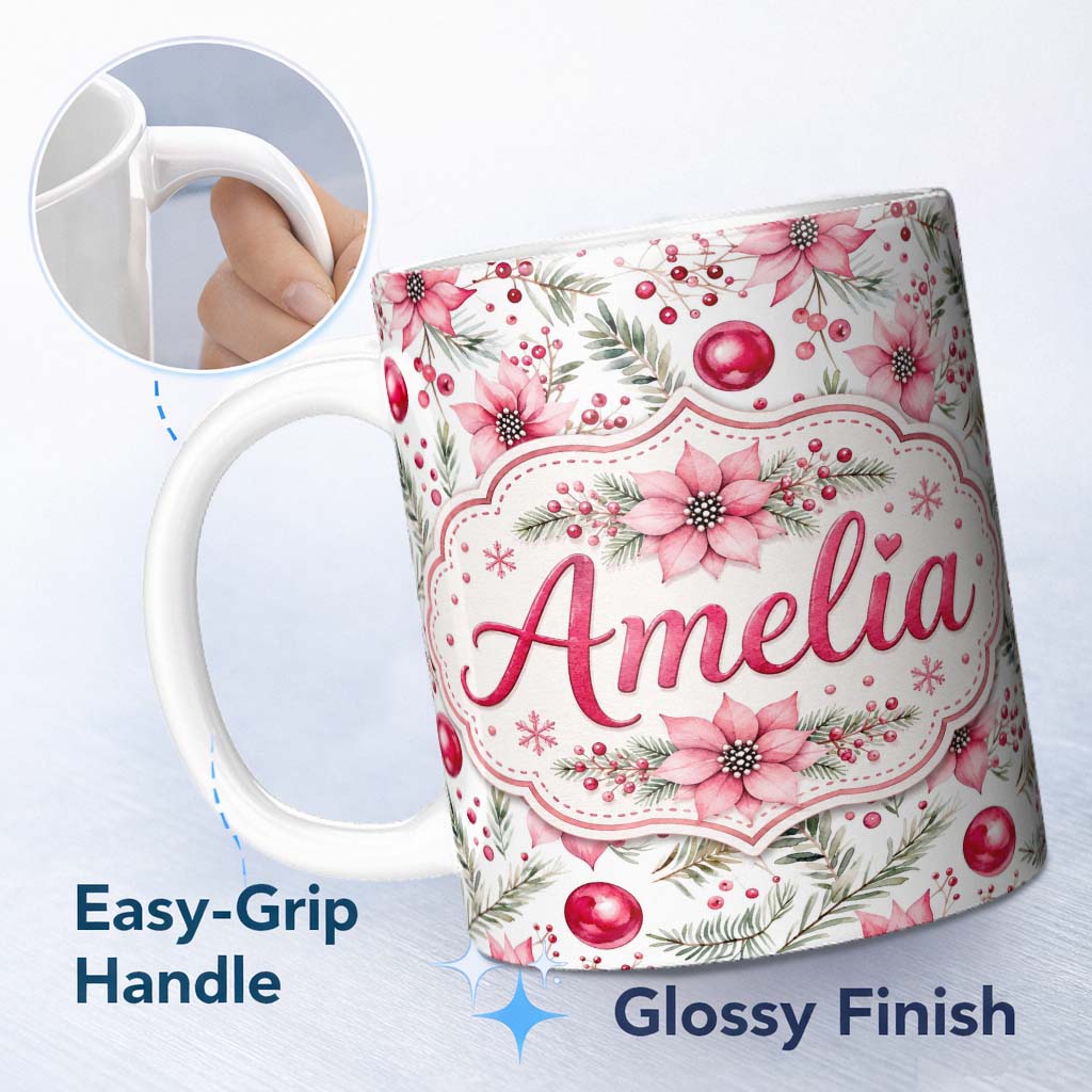 Personalized Custom Name Watercolor Pink Red Berries Pine Leaves Christmas Seamless Pattern 11oz Ceramic Coffee Tea Mug White Large Handle