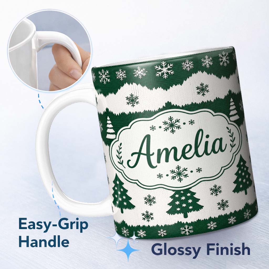 Personalized Custom Name Green White Snowflakes Christmas Trees Winter Seamless Pattern 11oz Ceramic Coffee Tea Mug White Large Handle