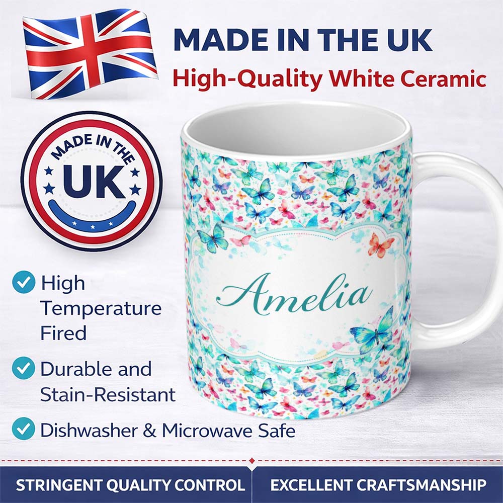 Personalized Custom Name Cute Blue and Pink Butterflies with Heart Accents Seamless Pattern 11oz Ceramic Coffee Tea Mug White Large Handle