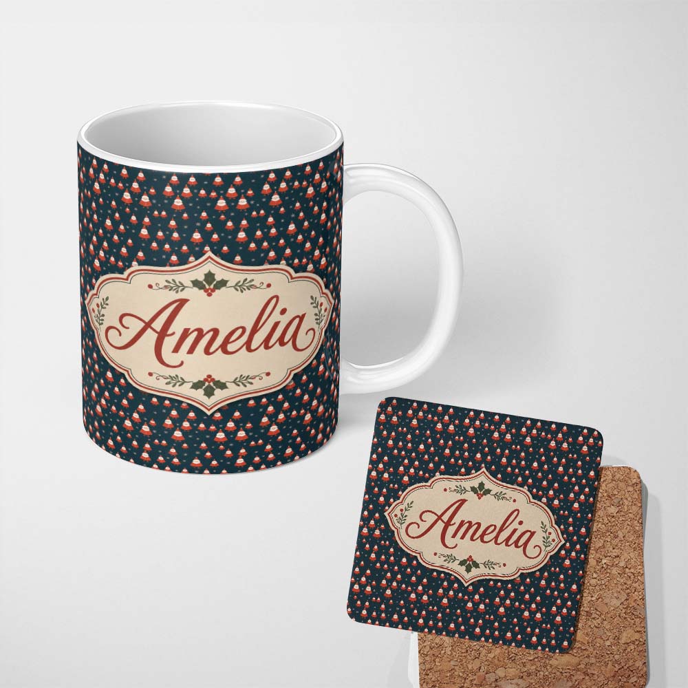 Personalized Custom Name Tiny Santa Star Snow Dark Blue Christmas Cute Festive Repeat Lovely 11oz Ceramic Coffee Tea Mug White Large Handle