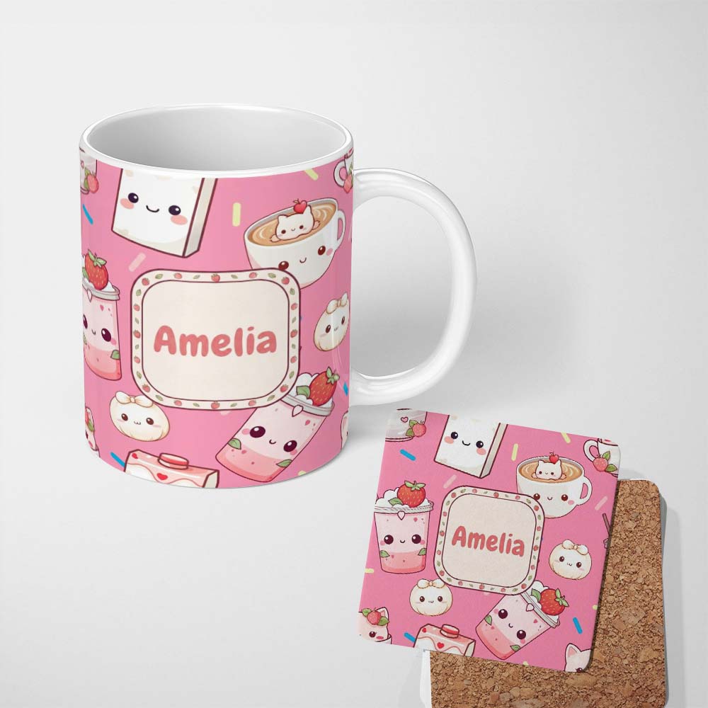 Personalized Custom Name Cute Strawberry Cat Coffee Cups Bright Pink Kawaii Seamless Pattern 11oz Ceramic Coffee Tea Mug White Large Handle