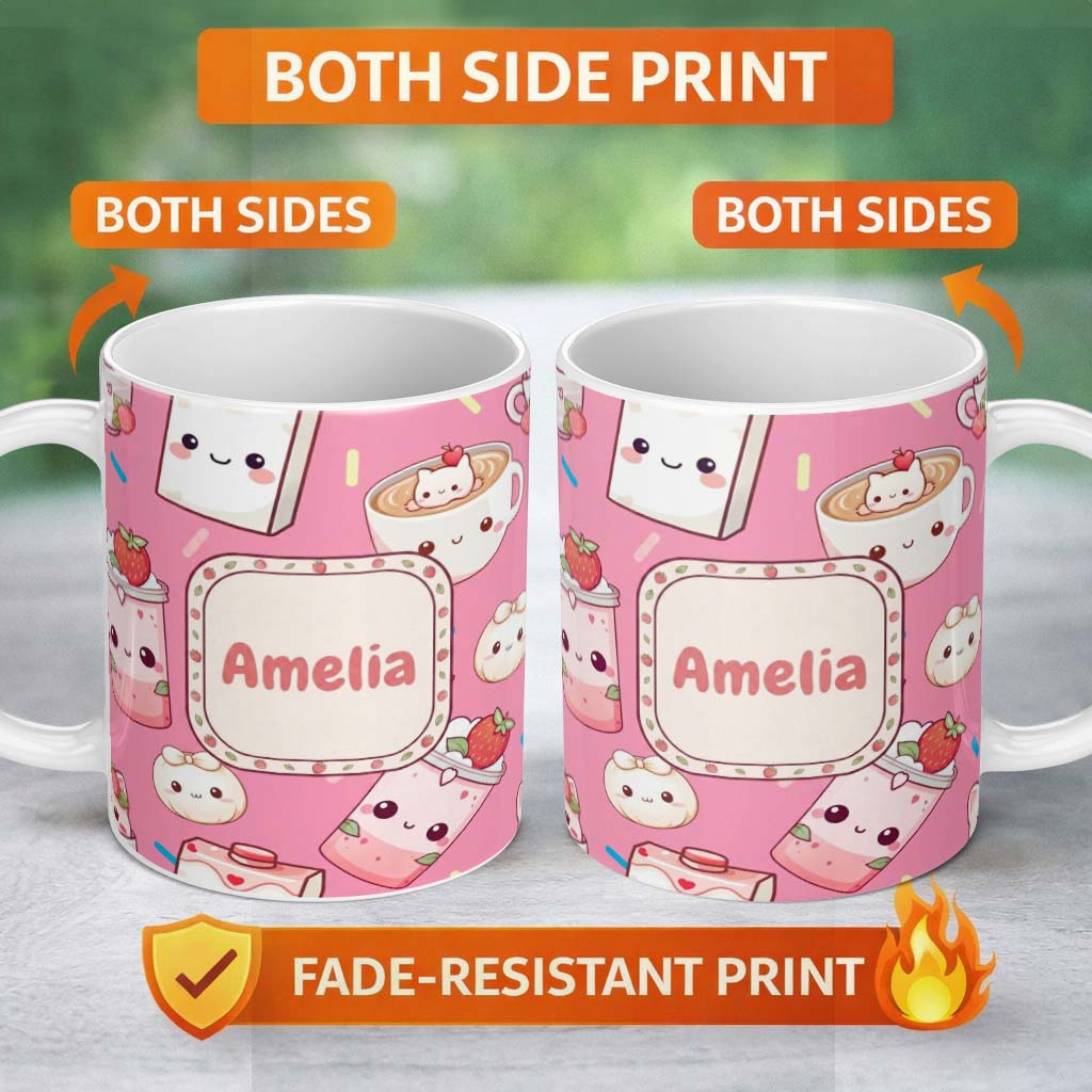 Personalized Custom Name Cute Strawberry Cat Coffee Cups Bright Pink Kawaii Seamless Pattern 11oz Ceramic Coffee Tea Mug White Large Handle