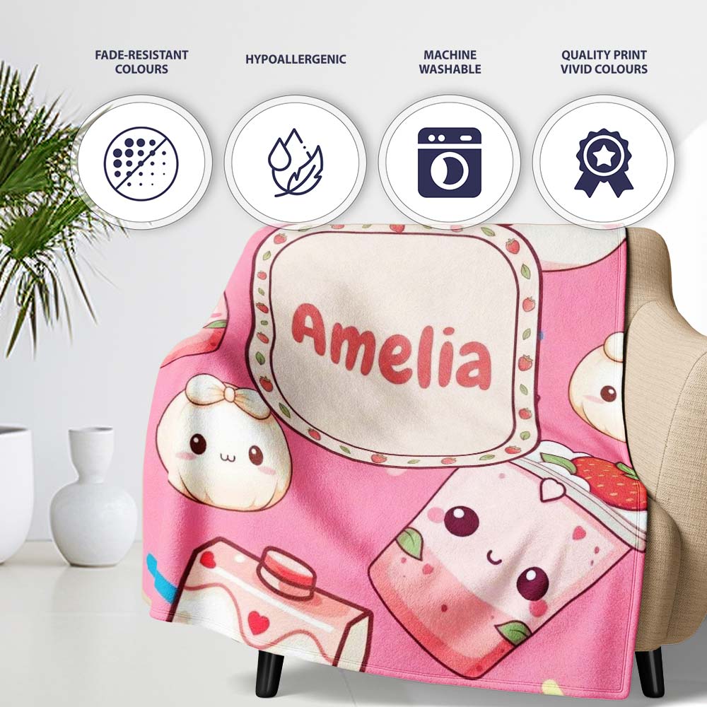 Cute Strawberry Cat Coffee Cups Bright Pink Kawaii Seamless Pattern Personalised Custom Name Super Soft Fleece Blanket Bed Sofa Throw