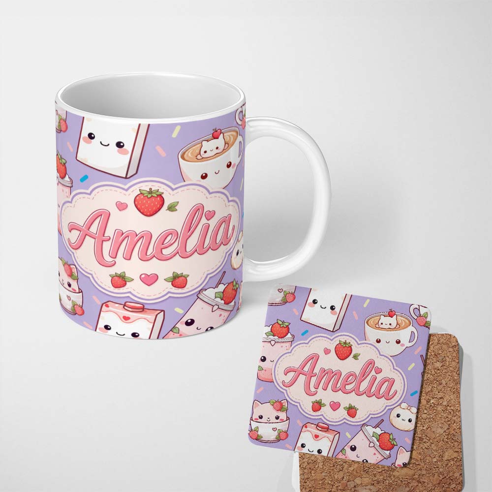 Personalized Custom Name Cute Strawberry Cat Coffee Cups Purple Kawaii Seamless Pattern 11oz Ceramic Coffee Tea Mug White Large Handle