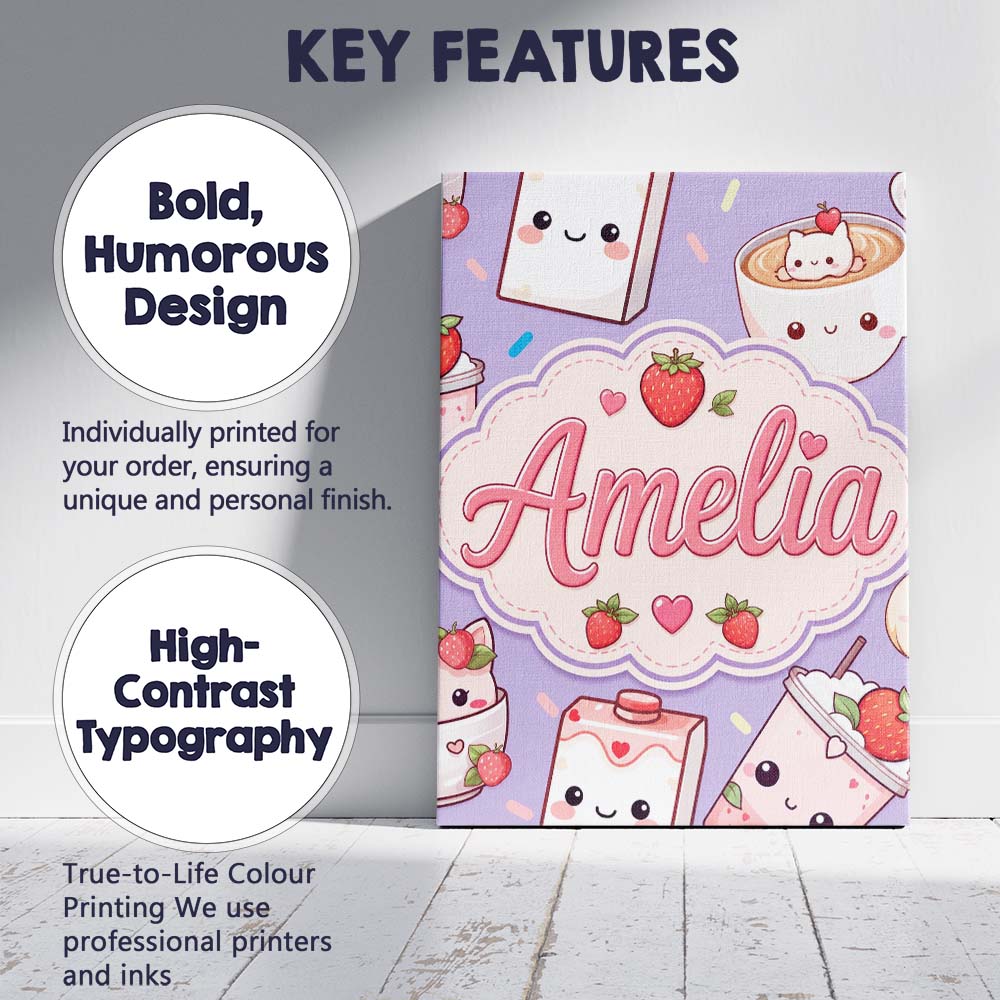 Personalised Name Cute Strawberry Cat Custom Modern Room Accent Creative Decorator Style Canvas Wall Art Print Decor Picture Ready to Hang
