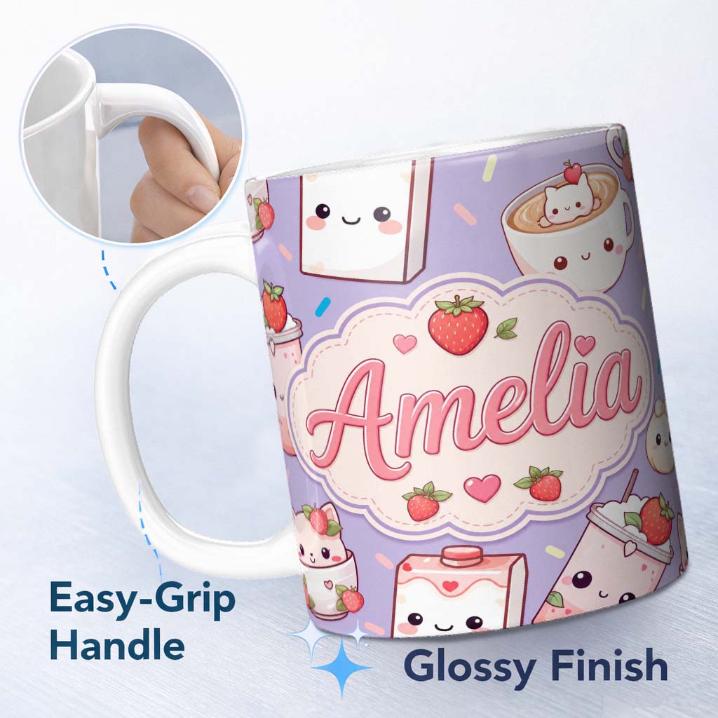 Personalized Custom Name Cute Strawberry Cat Coffee Cups Purple Kawaii Seamless Pattern 11oz Ceramic Coffee Tea Mug White Large Handle