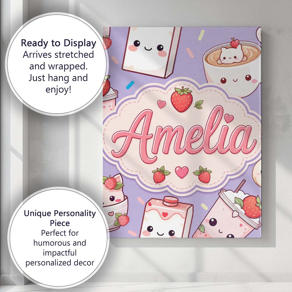 Personalised Name Cute Strawberry Cat Custom Modern Room Accent Creative Decorator Style Canvas Wall Art Print Decor Picture Ready to Hang