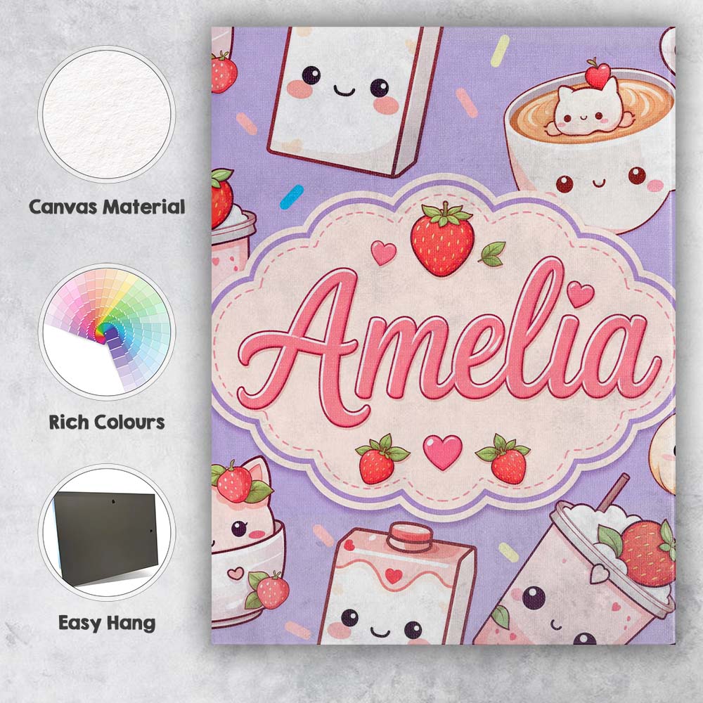 Personalised Name Cute Strawberry Cat Custom Modern Room Accent Creative Decorator Style Canvas Wall Art Print Decor Picture Ready to Hang