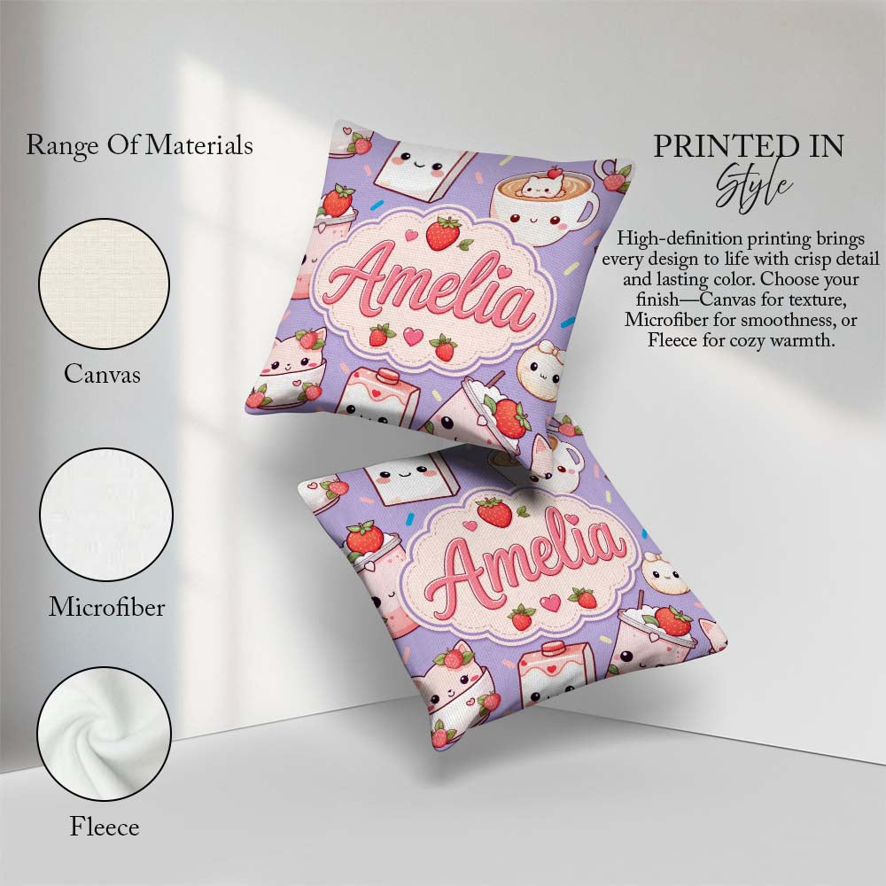 Custom Name Strawberry Cat Cups Purple Kawaii Seamless Pattern Square Filled Cushion Throw Pillow Sofa Bed Home Decor Zip Washable UK Made