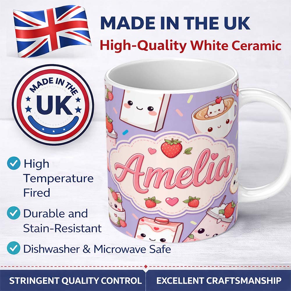 Personalized Custom Name Cute Strawberry Cat Coffee Cups Purple Kawaii Seamless Pattern 11oz Ceramic Coffee Tea Mug White Large Handle
